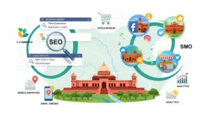 Digital Marketing Agency in Patna's comprehensive strategies including SEO, SMO, e-commerce, and mobile marketing services, laid over a map of Patna with landmarks.