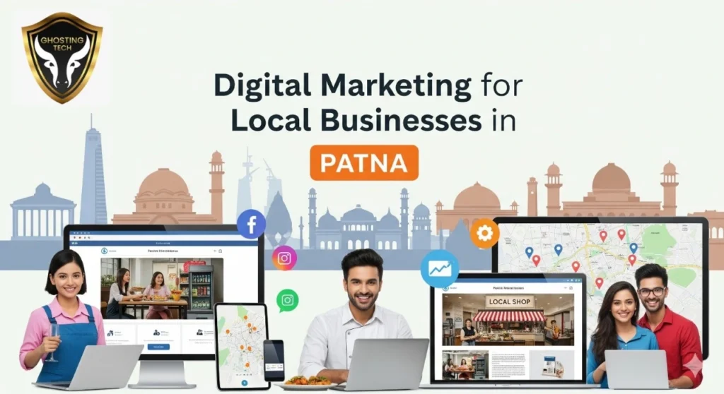 Digital Marketing Agency in Patna helping local businesses thrive with online strategies on laptops and tablets, set against a Patna cityscape