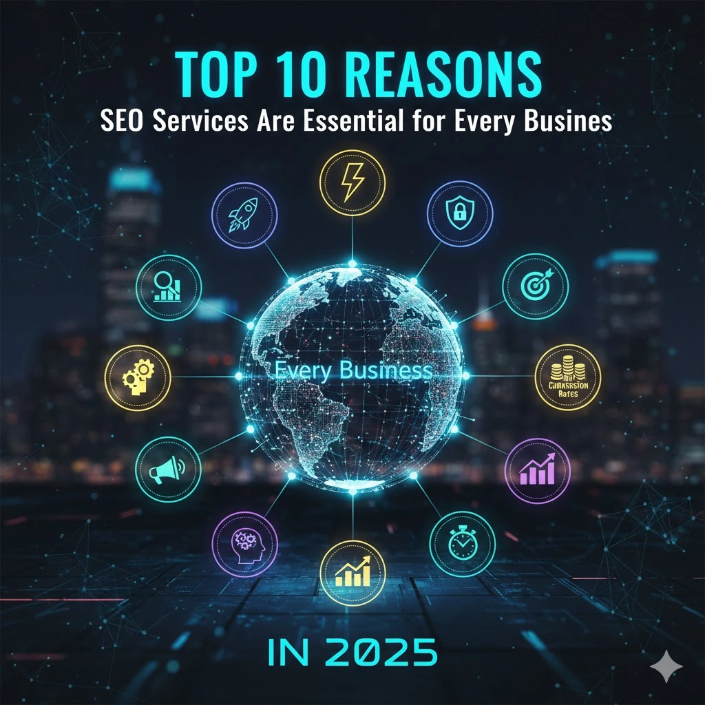 SEO Services essential for business in 2025 - graphic with globe and icons.