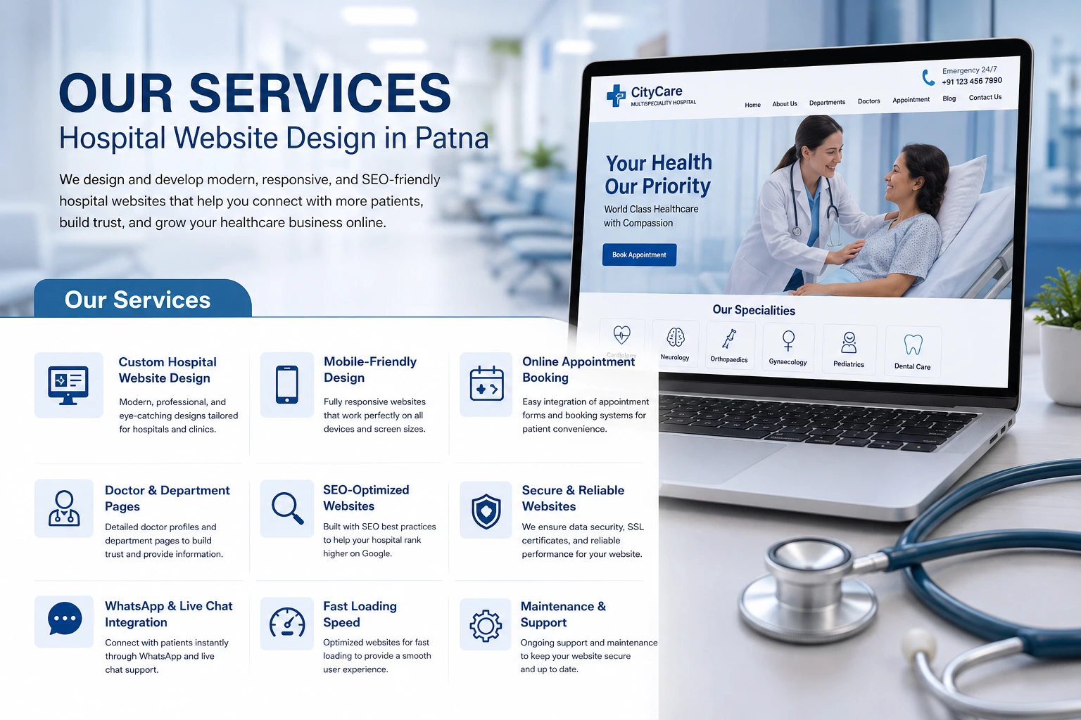 Best Hospital Website Design Company in Patna creating modern healthcare websites with online appointment booking and SEO by Ghosting Tech